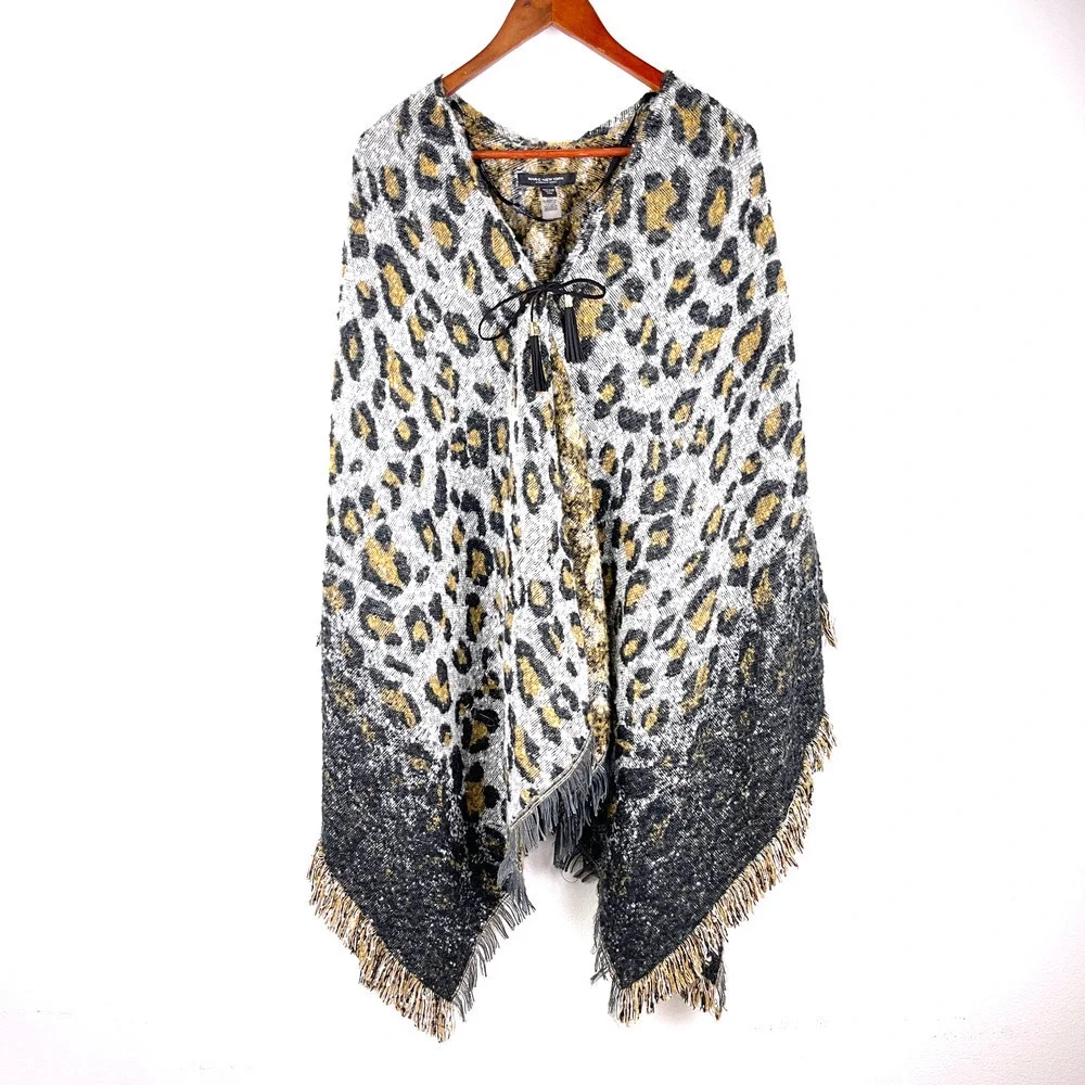 Marc New York Leopard Animal Print Fringed Trimmed Shawl Poncho Scarf ONE SIZE